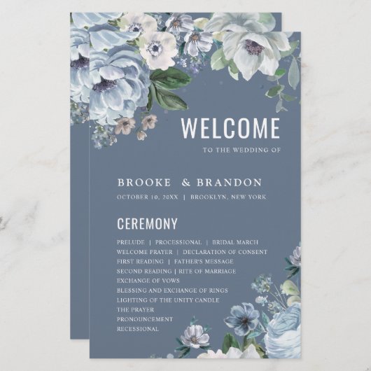 Shades of Grey Dusty Blue Winter Wedding Programme (Voorkant / Achterkant)