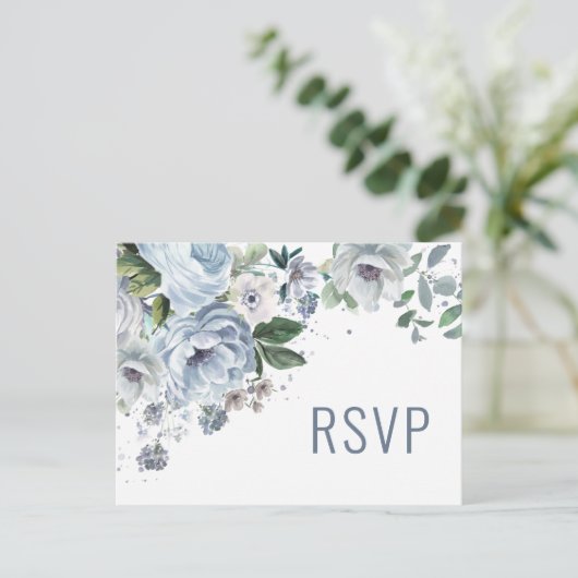 Shades of Grey Dusty Blue Winter Wedding RSVP Pos Briefkaart (Staand voorkant)