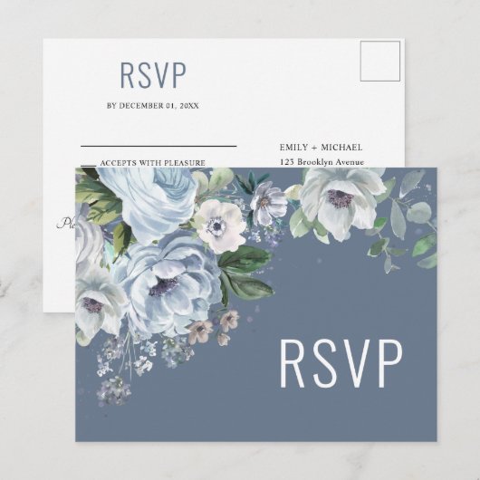 Shades of Grey Dusty Blue Winter Wedding RSVP Pos Briefkaart (Voorkant / Achterkant)