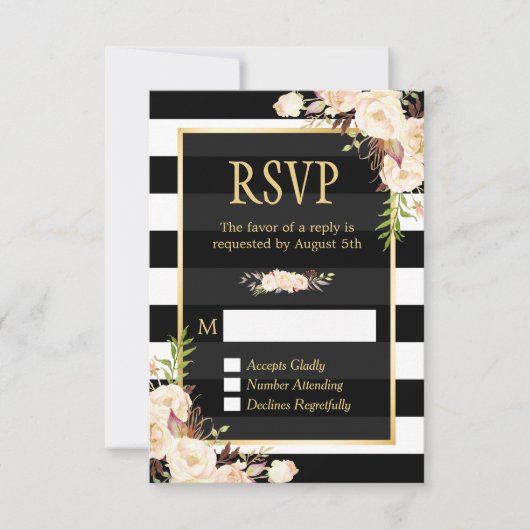 Shades of Ivory Floral Black White Stripes RSVP (Voorkant)
