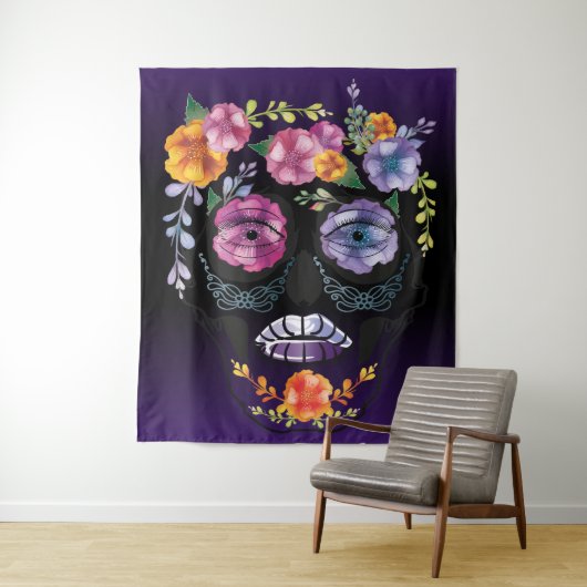 Shades of Lavender Vrouw Flower Skull Wandkleed (In situ)