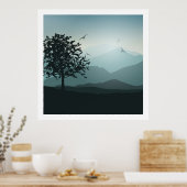 Shades of Mountains Smokey Green Blues Lonely Tree Poster (Keuken)