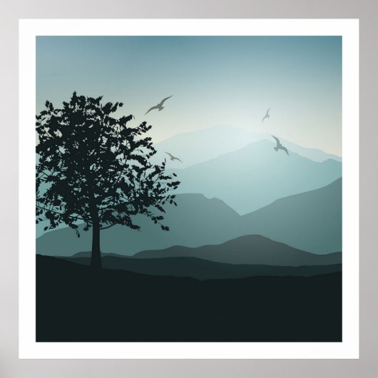 Shades of Mountains Smokey Green Blues Lonely Tree Poster (Voorkant)