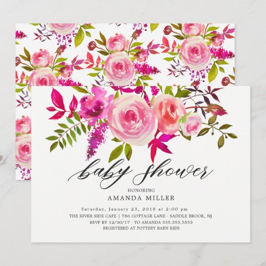 Shades of Pink Floral Baby shower Invitation Kaart (Voorkant / Achterkant)
