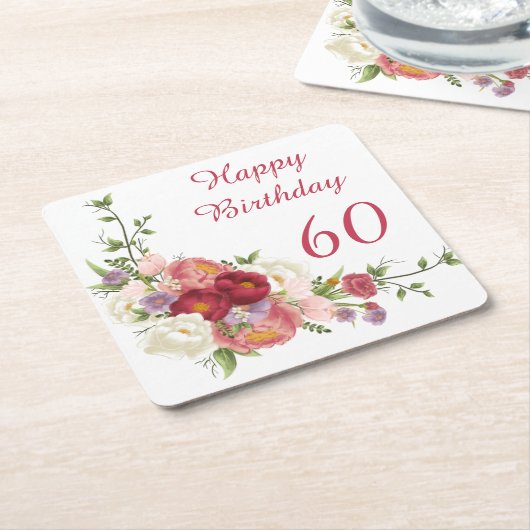 Shades of Pink White Peony Flower Happy Birthday Kartonnen Onderzetters (Schuin)