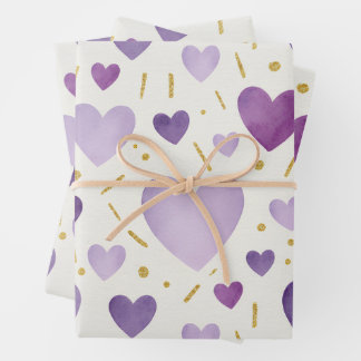Shades of Purple Watercolor & Gold Glitter Hearts Inpakpapier Vel