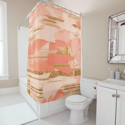 Shades van perzik en goudberoerten douchegordijn (In situ)