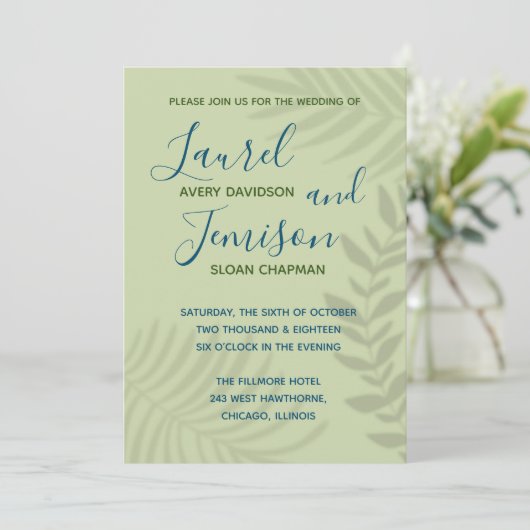Shadow Palm Sage Wedding Invitation Kaart (Staand voorkant)