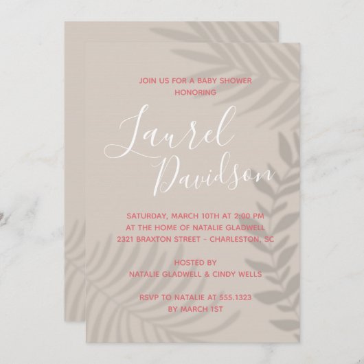 Shadow Palm Tan en Coral Shower Invitation Kaart (Voorkant / Achterkant)