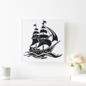 Shadow Sailing Ship – Vintage Ocean Illustration Vierkante Klok (Huis)