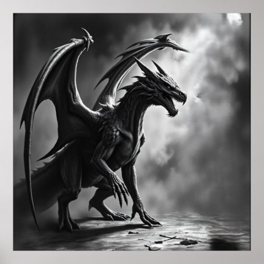 Shadowborn Majesteit: Dragon Charcoal Art Poster (Voorkant)