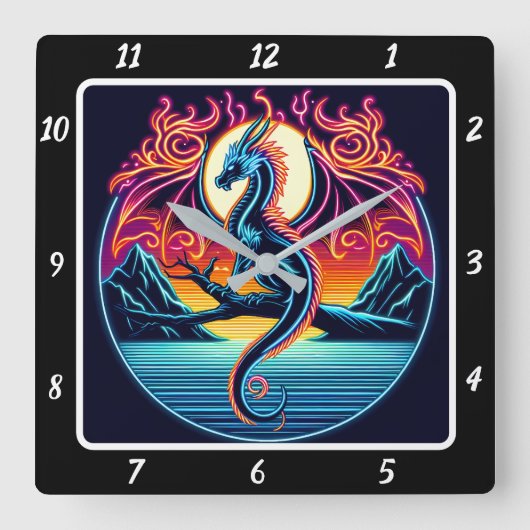 Shadowfire Neon Dragon Vierkante Klok (Voorkant)
