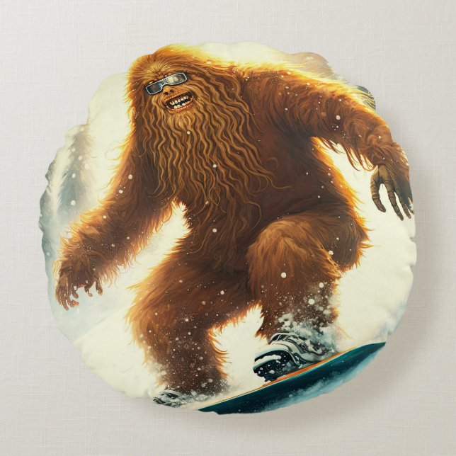 Shaggy Bigfoot Snowboarden AI Yeti Snowy Slope Rond Kussen (Voorkant)