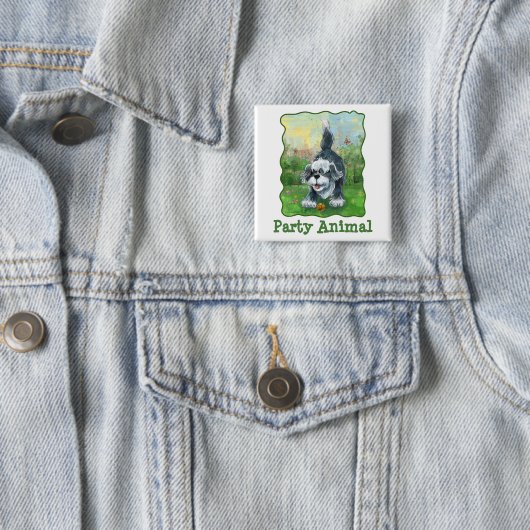 Shaggy Sheep Dog Party Center Vierkante Button 5,1 Cm (In situ)