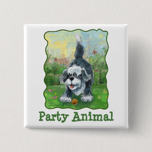 Shaggy Sheep Dog Party Center Vierkante Button 5,1 Cm (Voorkant)
