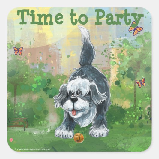 Shaggy Sheep Dog Party Center Vierkante Sticker (Voorkant)