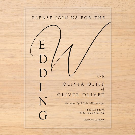 Shailene Black Wedding Acryl Uitnodigingen (Voorkant)