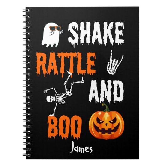 Shake, Rattle, Boo Fun Skelet Pompoen Halloween Notitieboek (Voorkant)