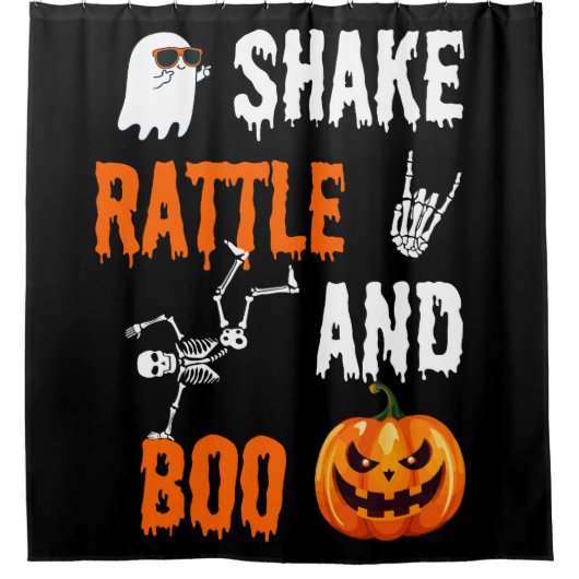 Shake, Rattle, Boo Fun Skeleton Pumpkin Halloween Douchegordijn (Voorkant)