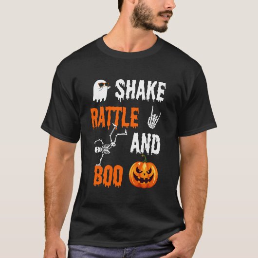 Shake, Rattle, Boo Fun Skeleton Pumpkin Halloween T-shirt (Voorkant)