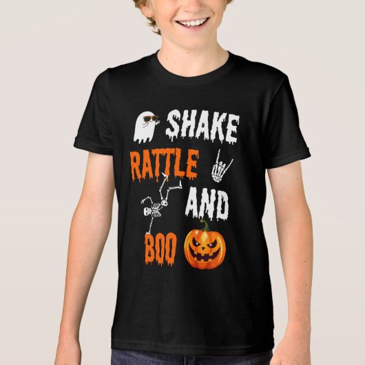Shake, Rattle, Boo Fun Skeleton Pumpkin Halloween Tri-Blend Shirt (Voorkant)