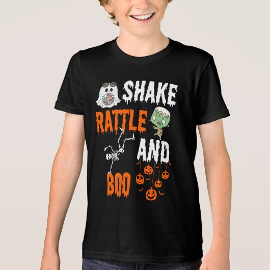 Shake, Rattle, Boo Skeleton Zombie Fun Halloween Tri-Blend Shirt (Voorkant)