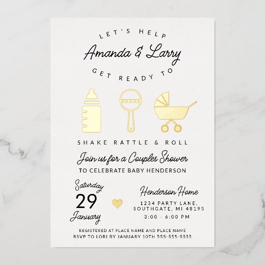 Shake Rattle en Roll Baby shower Folie Uitnodiging (Voorkant)
