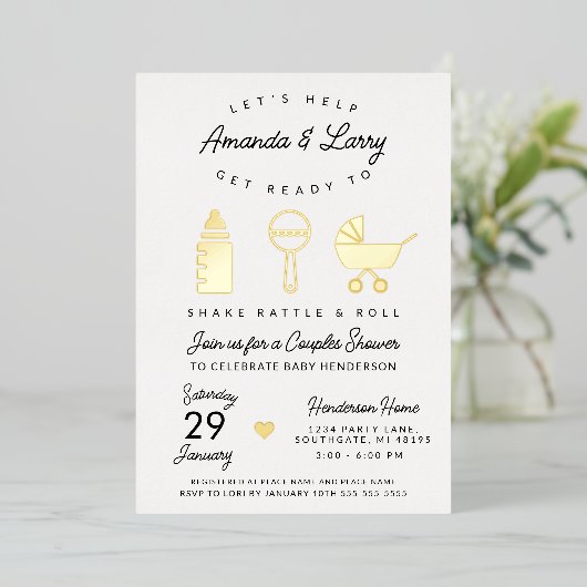 Shake Rattle en Roll Baby shower Folie Uitnodiging (Staand Voorkant)