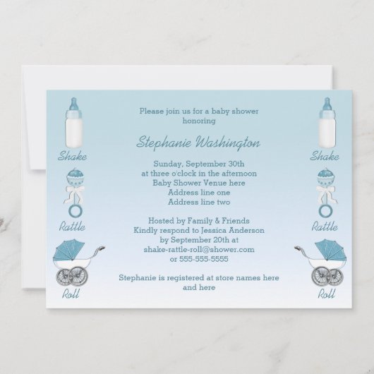 Shake Rattle en Roll Boy Baby shower Kaart (Achterkant)