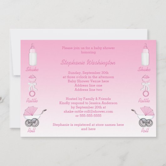 Shake Rattle en Roll Girl Baby shower Kaart (Achterkant)