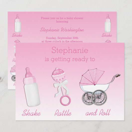 Shake Rattle en Roll Girl Baby shower Kaart (Voorkant / Achterkant)