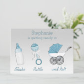 Shake Rattle en Roll Silver Blue Baby shower Kaart (Staand voorkant)