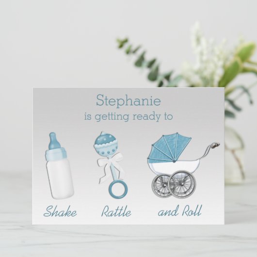 Shake Rattle en Roll Silver Blue Baby shower Kaart (Staand voorkant)
