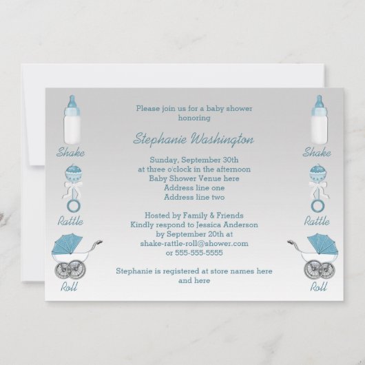 Shake Rattle en Roll Silver Blue Baby shower Kaart (Achterkant)