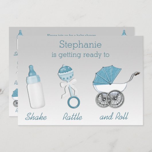 Shake Rattle en Roll Silver Blue Baby shower Kaart (Voorkant / Achterkant)