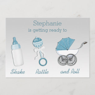 Shake Rattle en Roll Silver Blue Baby shower Kaart