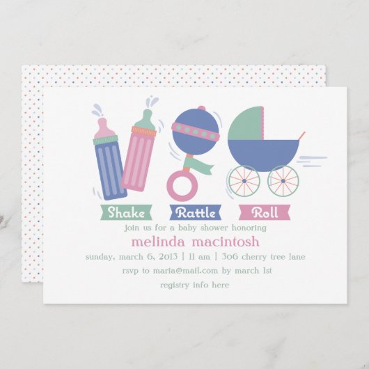 Shake Rattle & Roll Baby shower Invitation Kaart (Voorkant / Achterkant)