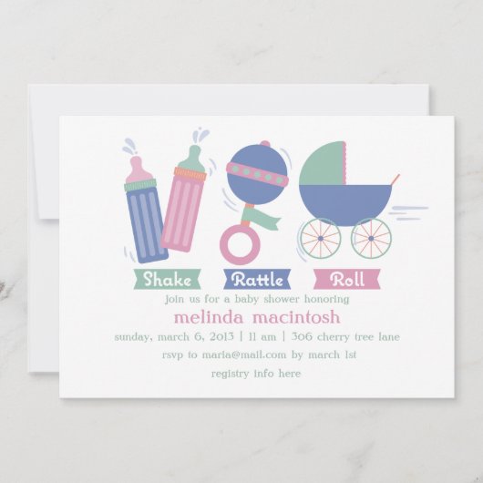 Shake Rattle & Roll Baby Shower Uitnodiging (Voorkant)