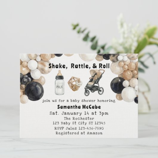 Shake, Rattle, Roll & Balloon Arch Baby Shower Kaart (Staand voorkant)