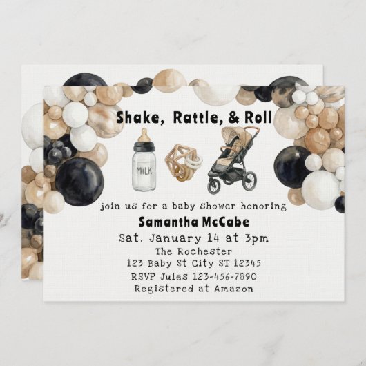 Shake, Rattle, Roll & Balloon Arch Baby Shower Kaart (Voorkant / Achterkant)