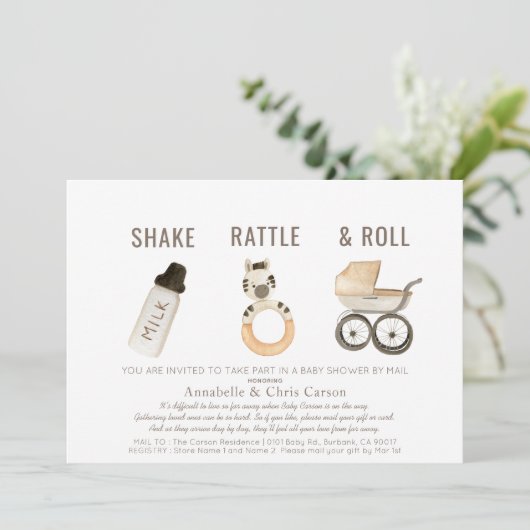 Shake Rattle & Roll Boho Baby shower per mail Kaart (Staand voorkant)