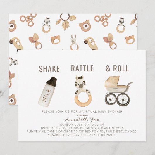 Shake Rattle & Roll Boho Virtual Baby shower Kaart (Voorkant / Achterkant)