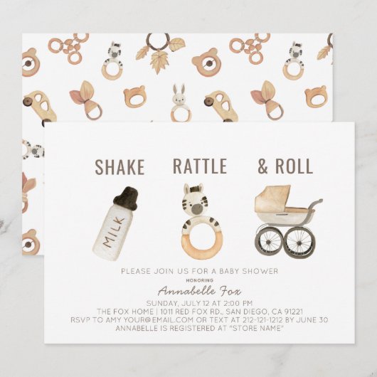 Shake Rattle & Roll Boho Waterverf Baby shower Kaart (Voorkant / Achterkant)