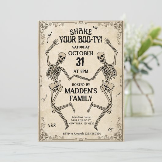 Shake Your Boo-ty  skeletten Halloween Kaart (Staand voorkant)
