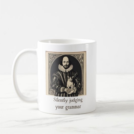 Shakespeare & Cat Silently Judging Grammar Koffiemok (Links)