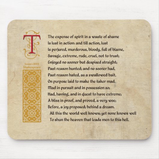 Shakespeare Sonnet 129 (CXXIX) op Parchment Muismat (Voorkant)