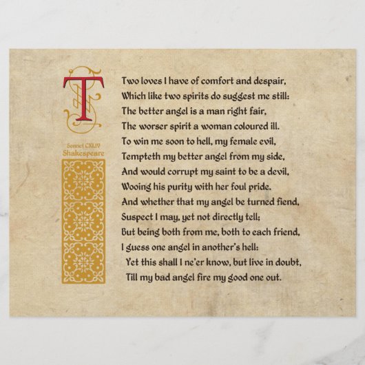 Shakespeare Sonnet 144 (CXLIV) op perkament Flyer (Voorkant)