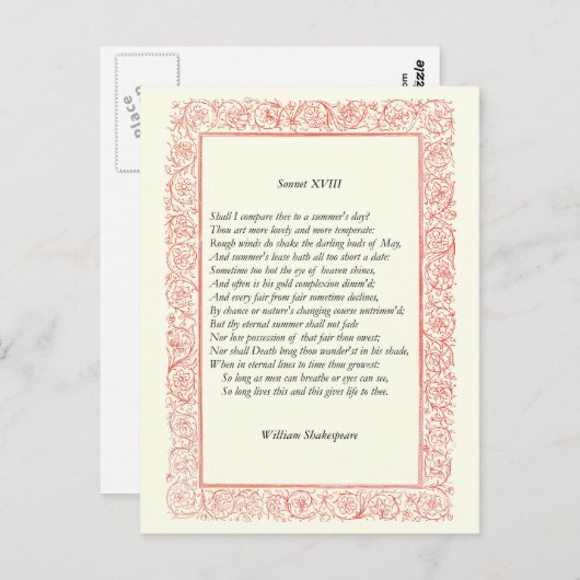 Shakespeare Sonnet # 18 Briefkaart (Voorkant / Achterkant)