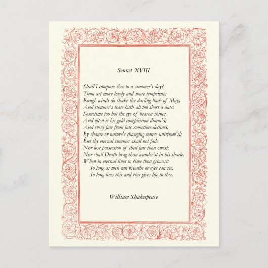 Shakespeare Sonnet # 18 Briefkaart (Voorkant)