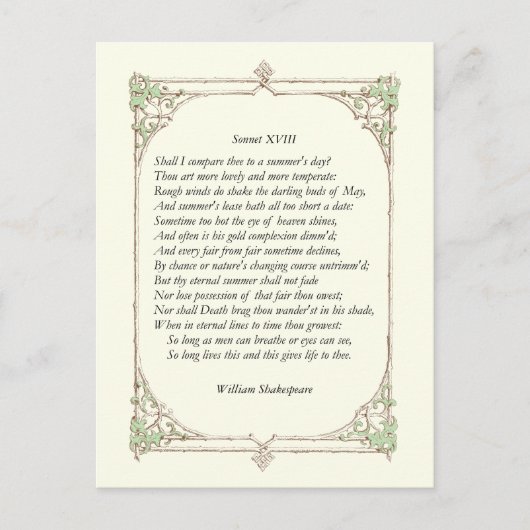 Shakespeare Sonnet # 18 Briefkaart (Voorkant)